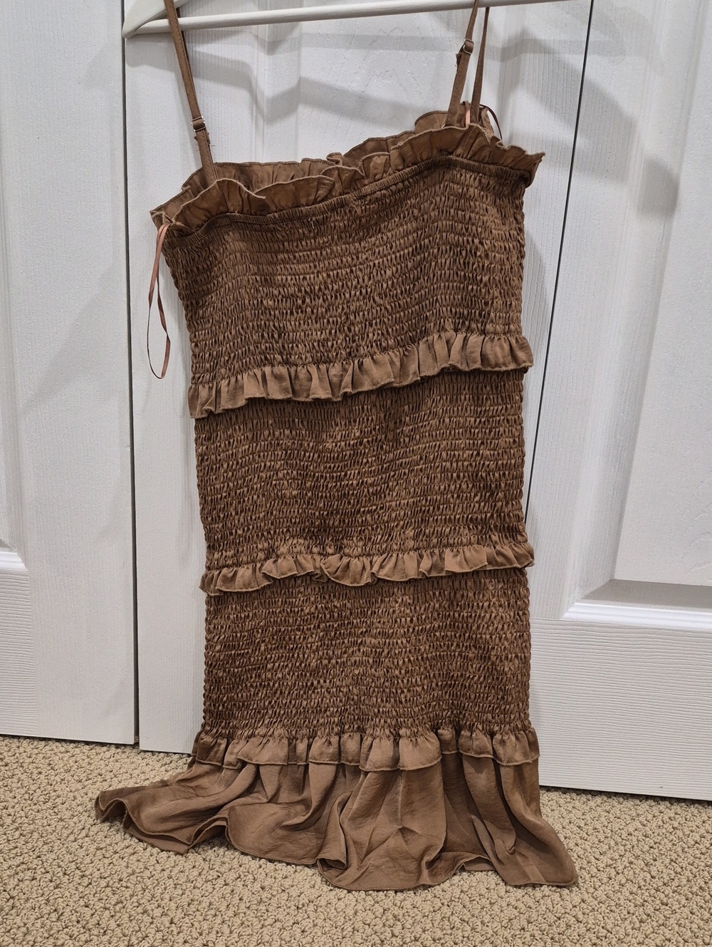 Smocked Ruffle Mini Dress in Brown